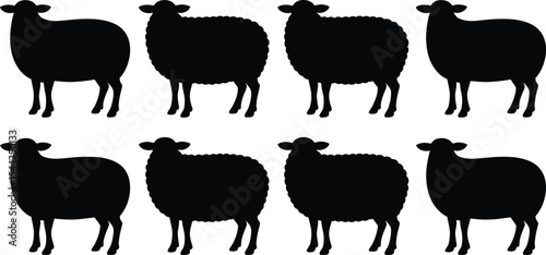 Eight black sheep silhouettes arranged in two rows on white background