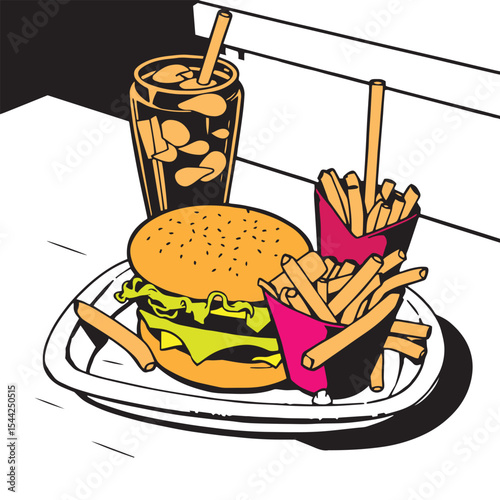 Fast food tray with burger fries and soda vector design concept illustration.