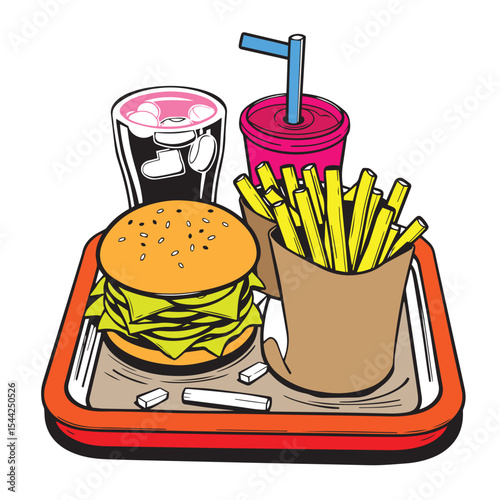 Fast food tray with burger fries and soda vector design concept illustration.
