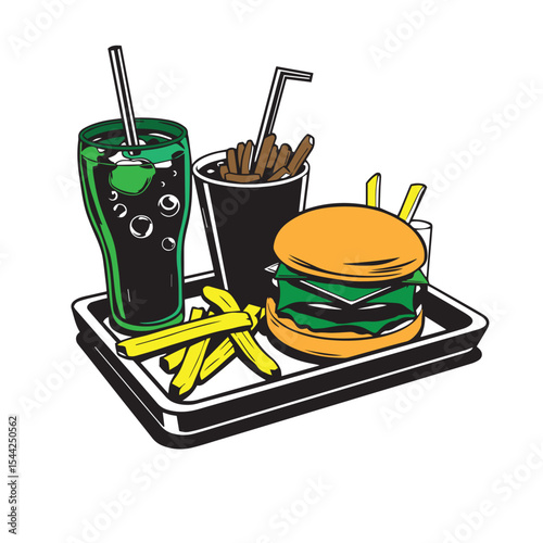 Fast food tray with burger fries and soda vector design concept illustration.