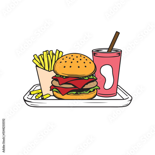 Fast food tray with burger fries and soda vector design concept illustration.