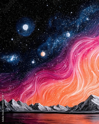 Vibrant Celestial Landscape with Pink and Orange Nebula