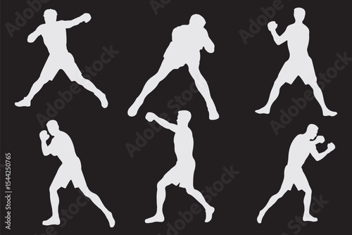 Boxer silhouette icon set. Boxing silhouette, Double Boxing set box icon, Boxing illustration, silhouette, set icon, silhouette. People pose while boxing isolated on white.