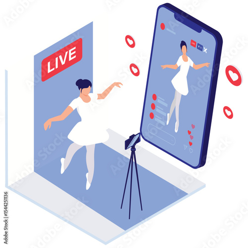 Social Network Illustration. Vector illustration of Woman performing live in front of a camera with real-time engagement on social media. Isolated on background