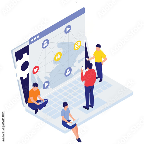 Social Network Illustration. Vector illustration of People connecting globally through digital social media platforms using mobile devices. Isolated on background