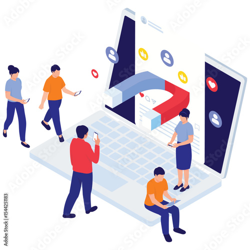 Social Network Illustration. Vector illustration of Group of people interacting with a social post designed to attract attention. Isolated on background