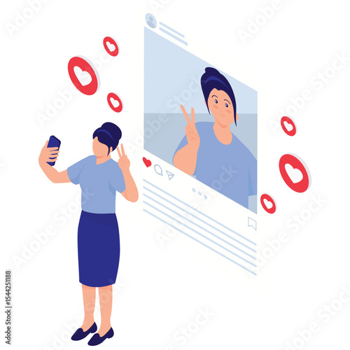 Social Network Illustration. Vector illustration of Woman taking a selfie and sharing it on social media to receive reactions. Isolated on background
