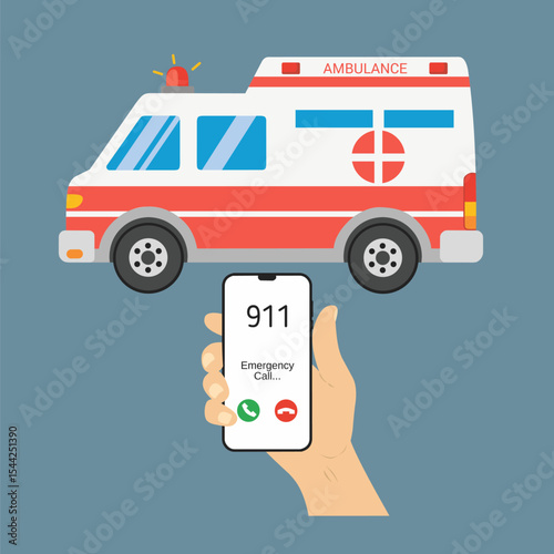 call ambulance via mobile phone device, emergency call 911 concept illustration flat design vector icon