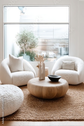 Modern living room with two armchairs covered in white wool fabric  a large round coffee table  and a natural jute rug. Interior design photography.