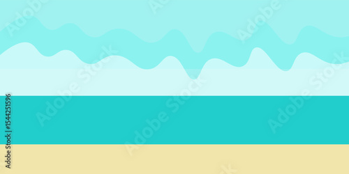 Beach sea panorama landscape background or paradise seaside shore resort with wavy ocean, white sand, blue sky and clouds background flat summer nature illustration seamless repeated image