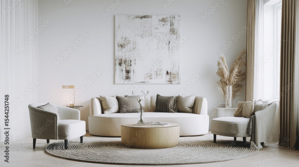 Modern Scandinavian interior design, a living room with a round sofa and armchairs in neutral tones, abstract art on the wall. Modern Scandinavian interior design, a living room with a round sofa and armchairs in neutral tones, abstract art on the wall.