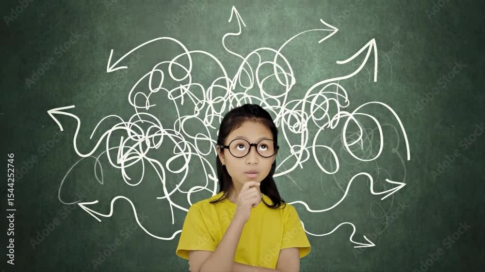 Brainstorming thoughts: A young girl, deep in thought, is surrounded by a tangle of lines and arrows, symbolizing the complex nature of ideas and decision-making.