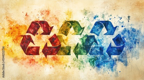 Colorful recycled symbols on textured background