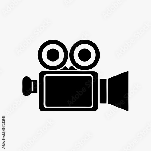 Black silhouette of vintage movie camera icon with dual reels on white background
