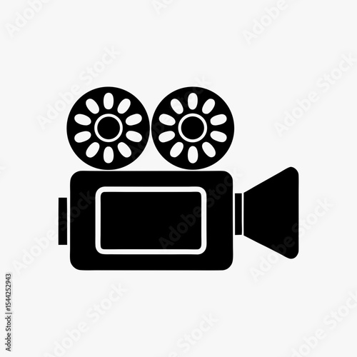 Black silhouette of vintage movie camera icon with dual reels on white background
