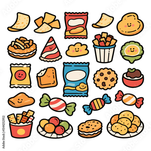 Whimsical Assortment of Cartoon Snacks and Treats with Smiling Faces.