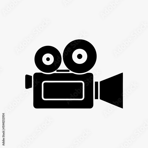 Black silhouette of vintage movie camera icon with dual reels on white background
