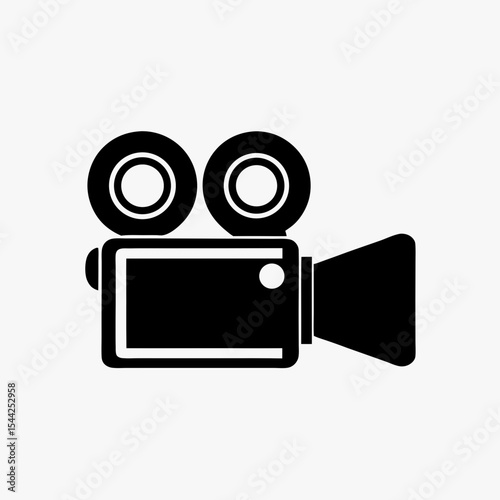 Black silhouette of vintage movie camera icon with dual reels on white background
