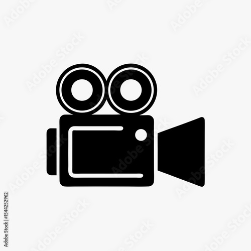 Black silhouette of vintage movie camera icon with dual reels on white background
