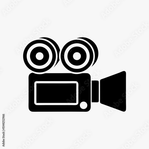 Black silhouette of vintage movie camera icon with dual reels on white background
