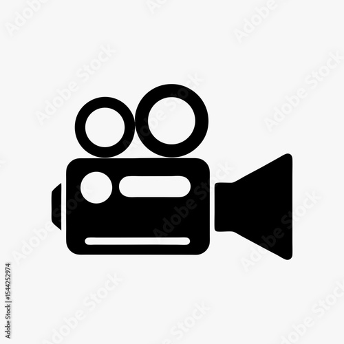 Black silhouette of vintage movie camera icon with dual reels on white background
