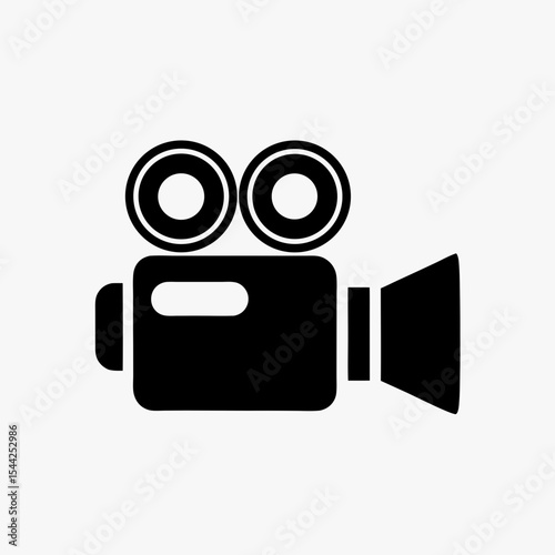Black silhouette of vintage movie camera icon with dual reels on white background

