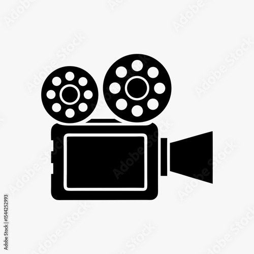 Black silhouette of vintage movie camera icon with dual reels on white background
