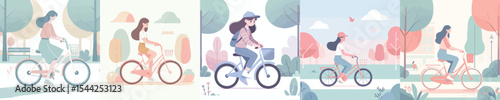 Stylish Young Women Cycling in City Park – Minimalist Outdoor Vector Illustration Set