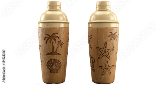 Tropical themed cocktail shaker set for home bar summer drinks and beach party celebrations on transparent background