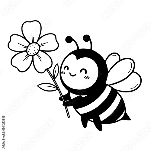 Happy Bee with Flower Sketch Illustration