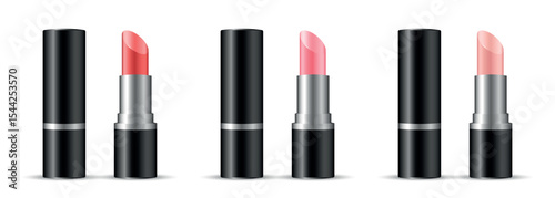 Set of three open lipsticks in black and silver tubes: red, bright pink, nude pink — realistic vector cosmetic mockup
