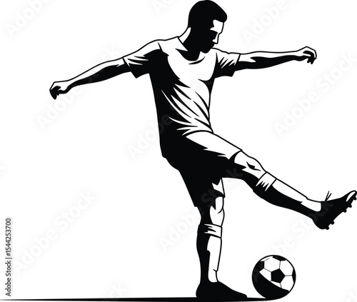 Silhouette of soccer player kicking football, isolated black vector illustration of athlete in action pose, professional game concept, sports design, competitive match movement, active figure artwork