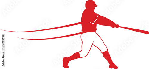 Red silhouette of baseball player swinging bat, vector illustration with motion lines, dynamic action pose, isolated sports artwork, competitive athlete, team game, active professional hitter