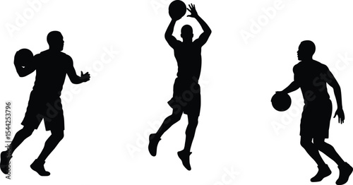 Silhouette of basketball players in action, isolated black vector illustration of athletes dribbling, jumping, and passing the ball, dynamic sports pose, competitive team game concept