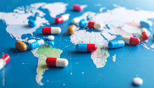 Colorful capsules, tablets scattered over world map global medicine distribution. Pharmaceutical products, supplements supply. Healthcare, wellness concept. Remedy, therapy, biomedicine