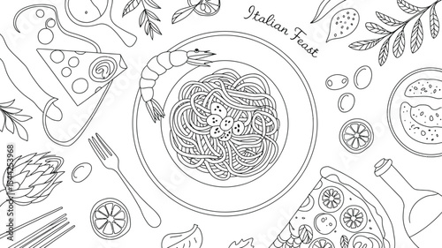 Line art illustration of an italian feast with pasta and pizza slices