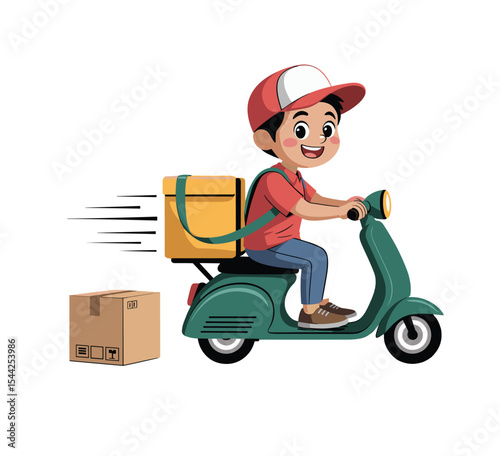 Delivery boy riding scooter with package and delivery box on black background illustration vector art