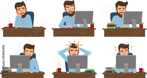 Exhausted male office worker struggling with computer problems, feeling overwhelmed and stressed by technology issues, leading to burnout and frustration at work