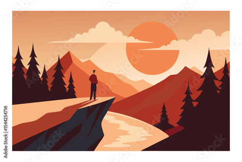 Mountain View Vista Silhouette Figure on Cliffside Peak at Dusk with Forest