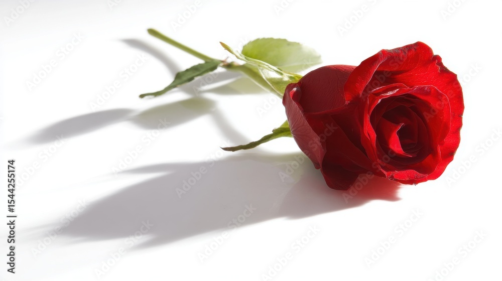 Single vibrant red rose with velvety petals on stark white surface, green leaves, thorns, soft shadows, elegant natural beauty, simple composition. Single vibrant red rose with velvety petals on stark white surface, green leaves, thorns, soft shadows, elegant natural beauty, simple composition.