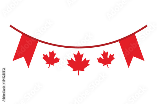 Red Canada Day Garland with Maple Leaves and Pennant Flags on White Background