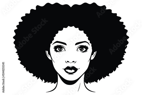 Portrait of a Woman with an Afro Hairstyle in Black and White Outline