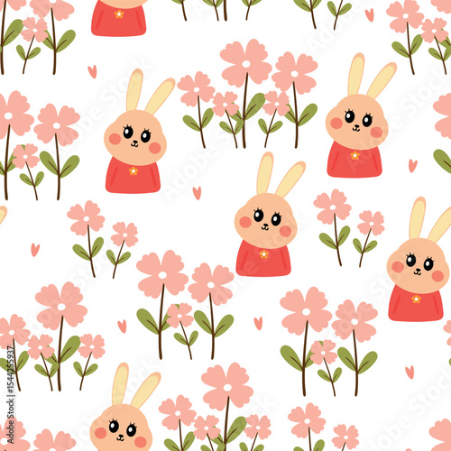 Cute drawing cartoon rabbit with flowers and leaves seamless pattern. animal pattern in white background for wallpaper
