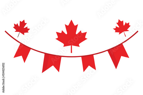 Red Maple Leaf Garland with Pennants on a White Background, Canada Day Decoration