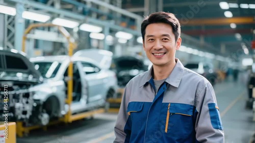 An Asian middle-aged worker in an automobile factory smiles.
