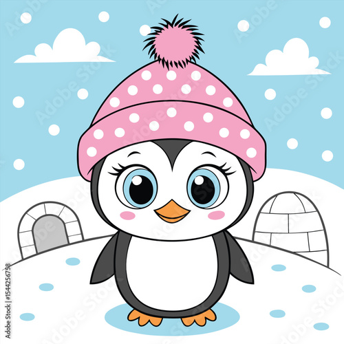 Adorable cartoon penguin wearing pink polka dot hat in a winter snow scene