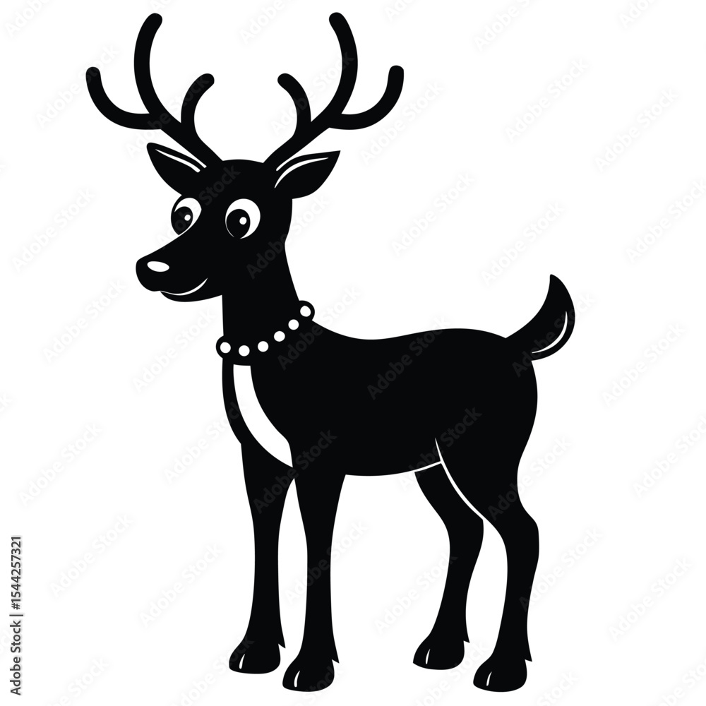 Fototapeta premium Black and white cartoon reindeer illustration with cheerful expression and decorative necklace