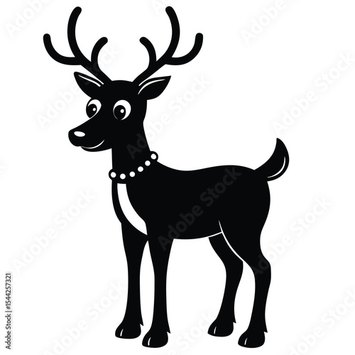 Black and white cartoon reindeer illustration with cheerful expression and decorative necklace