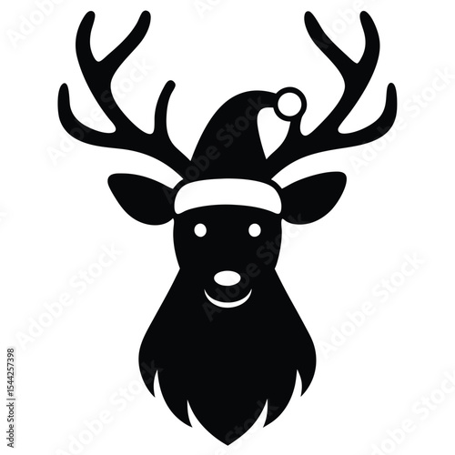 Black and white christmas reindeer wearing santa claus hat smiling portrait illustration