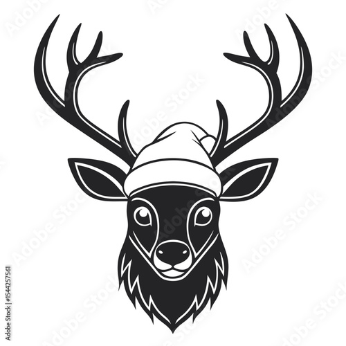 Black and white graphic illustration of a festive reindeer wearing a christmas hat